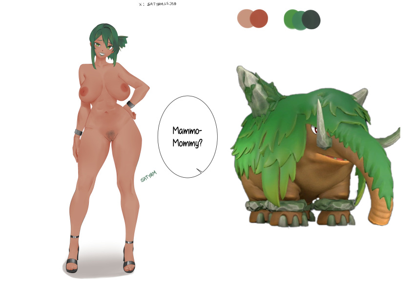absurdres breasts creature_and_personification dark-skinned_female dark_skin female_pubic_hair green_eyes green_hair hand_on_own_hip highres humanization inverted_nipples large_breasts mammorest_(palworld) mature_female midriff muscular muscular_female pal_(creature) palworld pubic_hair reference_inset satyam_ssj10 short_hair thick_thighs thighs