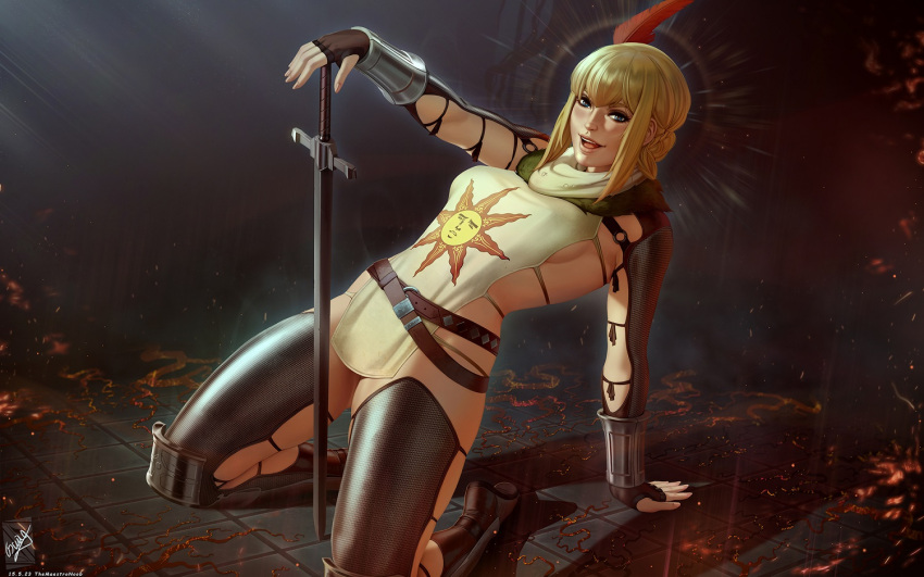 1girl :d blonde_hair breasts brown_gloves covered_nipples dark_souls_(series) dark_souls_i fingerless_gloves gloves hat_feather leaning_back long_sleeves medium_breasts short_hair signature smile solaire_of_astora solo sun_print sword teeth themaestronoob tile_floor tiles tongue upper_teeth_only weapon