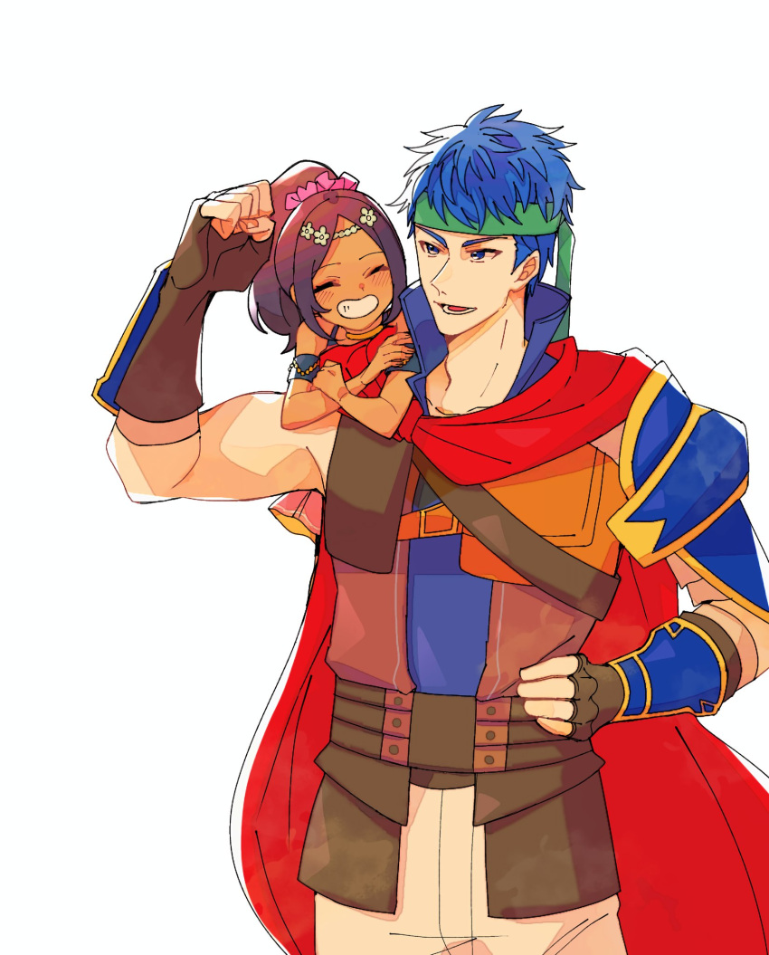 1boy 1girl black_hair blue_collar blue_eyes blue_hair carrying circlet clenched_hand closed_eyes collar commentary_request crossed_arms dark-skinned_female dark_skin e8coofn0klibdx1 fire_emblem fire_emblem_engage green_hairband grin hairband highres ike_(fire_emblem) medium_hair open_mouth piggyback short_hair simple_background smile standing teeth timerra_(fire_emblem) white_background