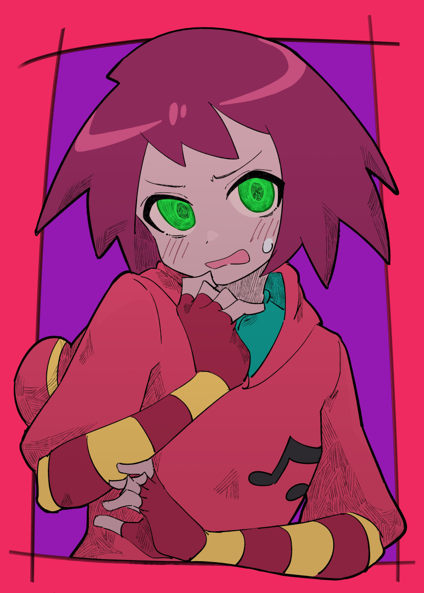 1girl absurdres blush buzzlyears fingerless_gloves gloves green_eyes highres hood hoodie looking_at_viewer mega_man_(series) mega_man_star_force musical_note pink_hoodie red_hair short_hair simple_background solo sonia_strumm_(mega_man)