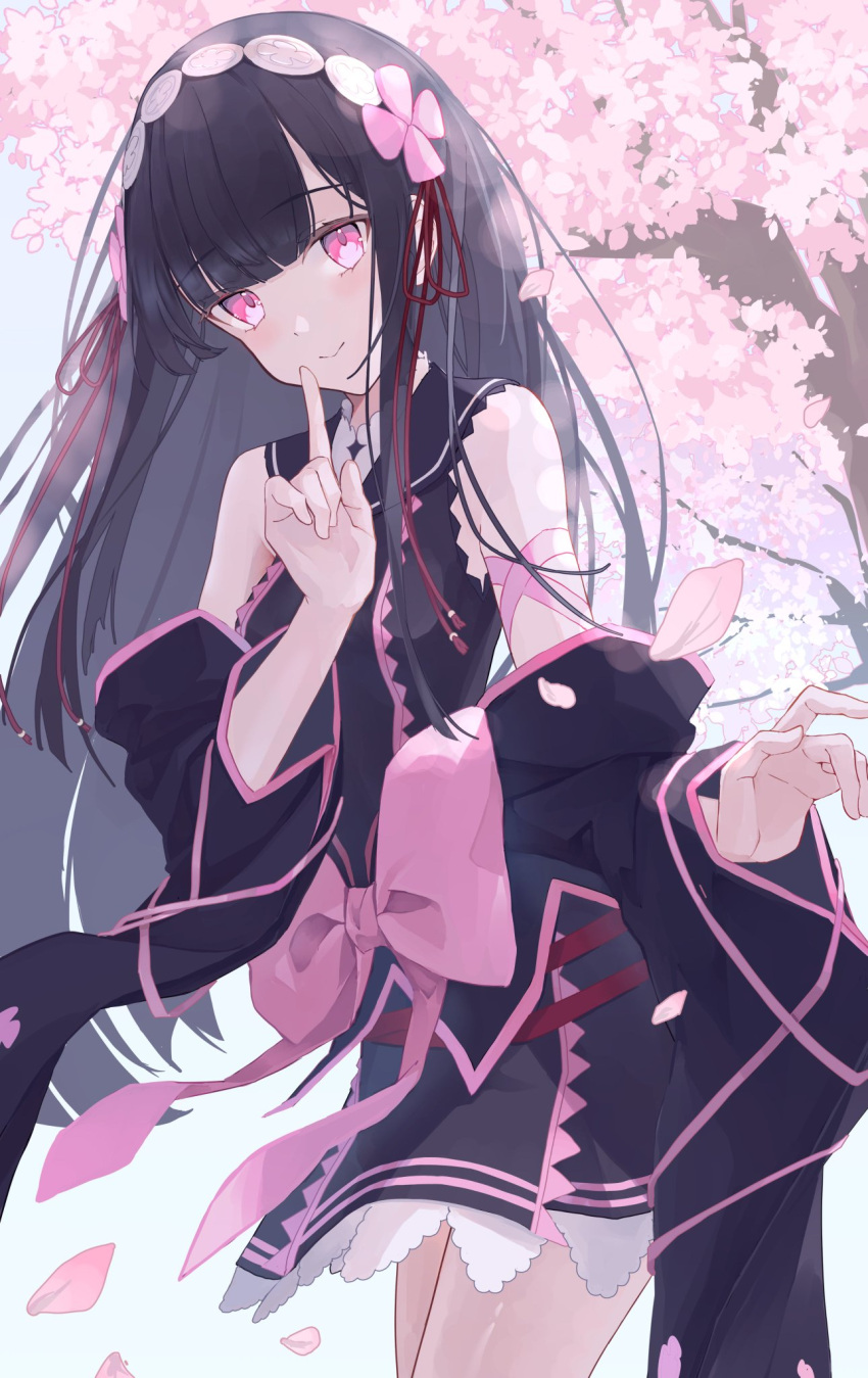 1girl bare_shoulders black_dress black_hair bow cherry_blossoms cross-laced_clothes dress finger_to_mouth hair_ornament hairband highres japanese_clothes long_hair looking_at_viewer mgr_palelight personification pink_bow pink_eyes pink_ribbon ribbon shushing solo suishinshi_masahide_(tenka_hyakken) tenka_hyakken