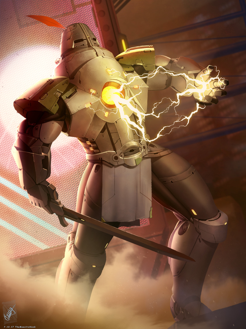 1boy absurdres alternate_costume alternate_universe armor armored_boots boots dark_souls_(series) dark_souls_i dutch_angle electricity full_armor glowing hat_feather helm helmet highres holding holding_sword holding_weapon science_fiction signature solaire_of_astora solo sword themaestronoob weapon