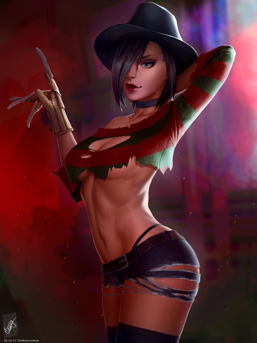 1girl a_nightmare_on_elm_street belt black_headwear breasts brown_belt cleavage cowboy_shot freddy_krueger genderswap genderswap_(mtf) green_shirt hair_over_one_eye hands_up highres indoors long_sleeves medium_breasts multicolored_background navel pink_background red_background red_lips red_shirt shirt short_shorts shorts solo stomach striped_clothes striped_shirt themaestronoob thighhighs torn_clothes torn_shirt