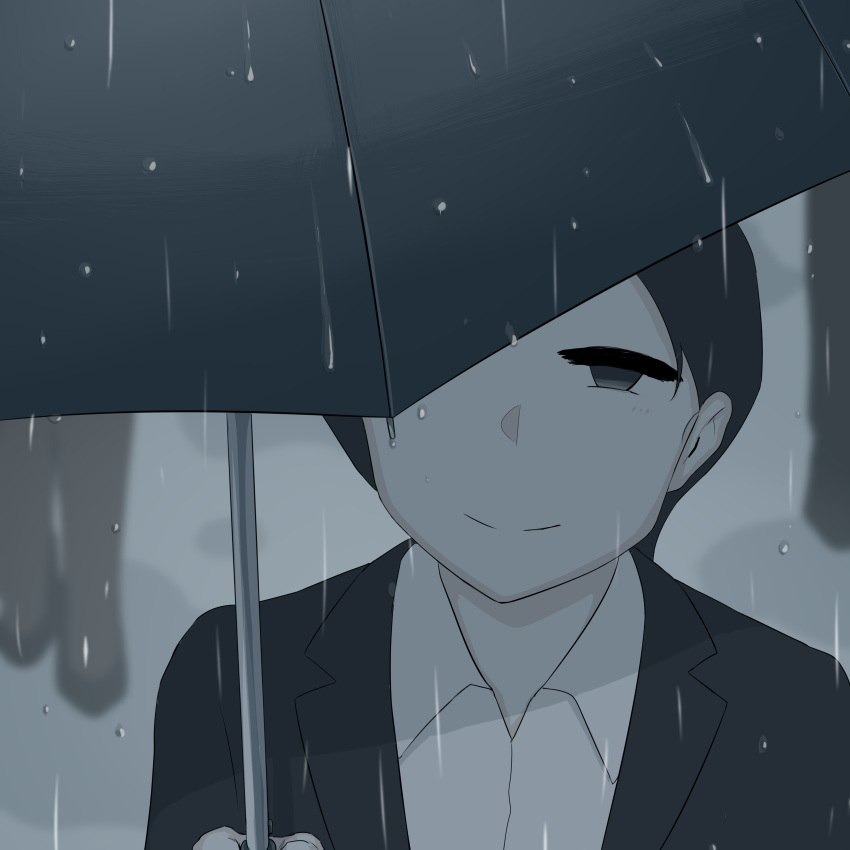 1boy absurdres avogado6 blurry blurry_background closed_mouth collared_shirt commentary_request day greyscale half-closed_eyes highres holding holding_umbrella light_blush looking_up monochrome one_eye_covered original outdoors people rain shirt short_hair smile solo_focus suit umbrella