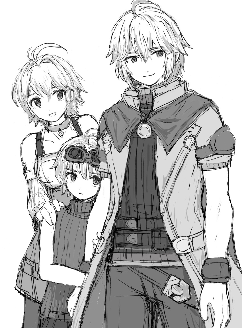1girl 2boys absurdres ahoge cape choker couple detached_sleeves family father_and_son fiora_(xenoblade) goggles goggles_on_head greyscale hand_on_another's_shoulder highres holding_another's_arm husband_and_wife kokkou_1 long_coat looking_at_viewer monochrome mother_and_son multiple_boys nikol_(xenoblade) open_mouth short_hair shulk_(xenoblade) sketch smile sweater turtleneck turtleneck_sweater white_background wristband xenoblade_chronicles_(series) xenoblade_chronicles_1 xenoblade_chronicles_3 xenoblade_chronicles_3:_future_redeemed