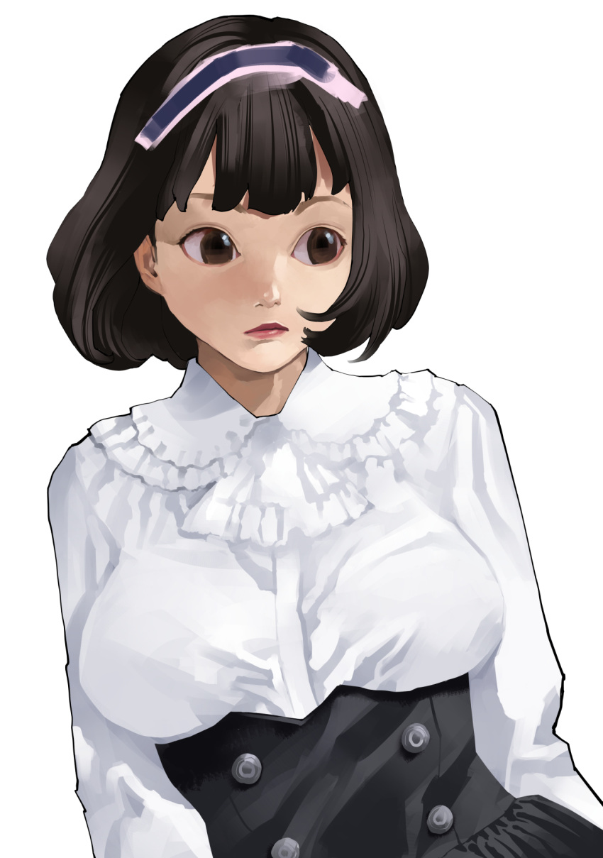 1girl bangs black_hair black_skirt blouse breasts brown_eyes closed_mouth corset expressionless frilled_shirt_collar frills hairband high-waist_skirt highres inamitsu_shinji lipstick looking_to_the_side makeup medium_breasts original red_lips shirt shirt_tucked_in short_hair simple_background skirt solo tareme underbust upper_body white_background white_blouse white_shirt