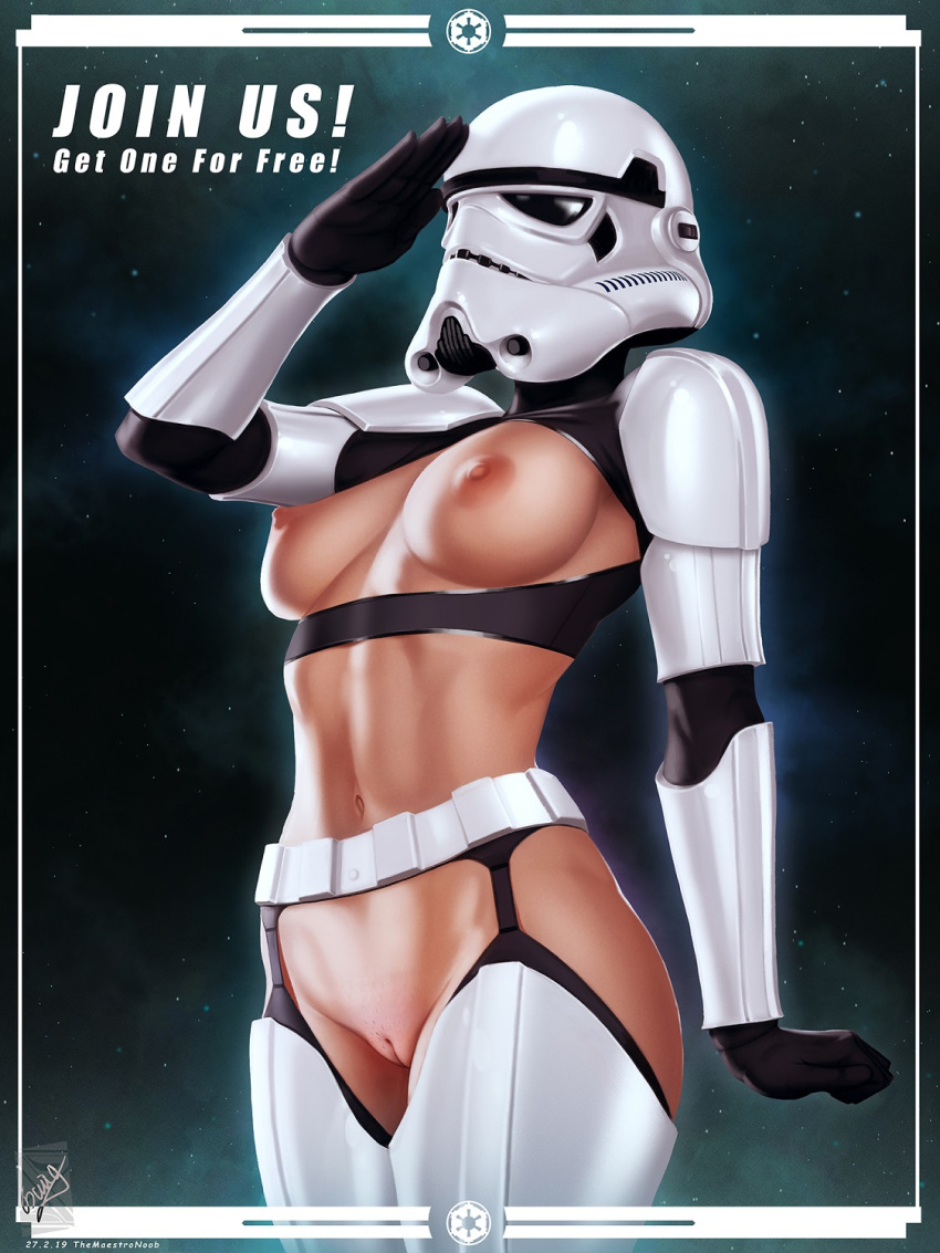 1girl arm_at_side arm_up belt covered_nipples cowboy_shot english_text groin helmet highres leotard navel nipples pussy salute solo star_wars starry_background stormtrooper themaestronoob thighhighs web_address white_belt white_thighhighs