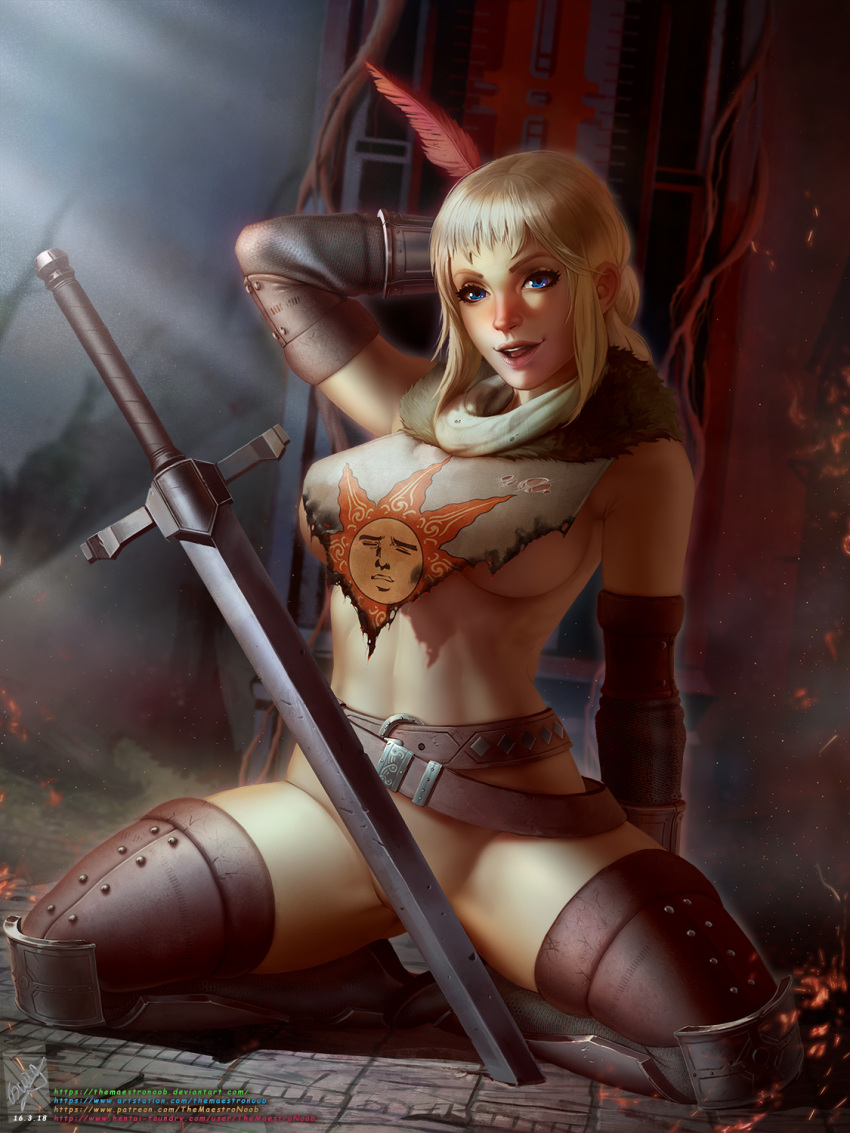 1girl arm_behind_head armored_boots bare_shoulders belt blue_eyes boots breasts brown_belt brown_thighhighs dark_souls_(series) dark_souls_i detached_sleeves fur_collar genderswap genderswap_(mtf) groin highres kneeling large_breasts legs_apart no_panties smile solaire_of_astora solo sword teeth themaestronoob thighhighs torn_clothes weapon