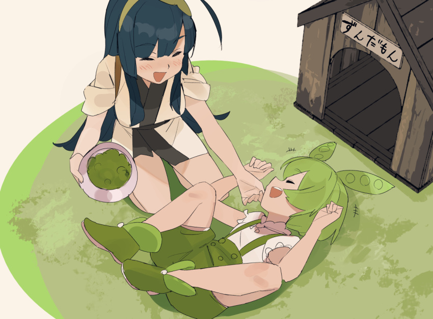 +++ 2girls ahoge black_hair blush boots bowl breasts commentary doghouse facing_another facing_to_the_side from_above green_footwear green_hair green_hairband green_shorts hairband holding holding_bowl japanese_clothes kimono kneeling large_breasts lying multiple_girls on_back open_mouth pet_bowl pet_play petting pikumin playing profile puffy_short_sleeves puffy_sleeves shirt shirt_tucked_in short_kimono short_sleeves shorts sleeves_rolled_up smile submission suspender_shorts suspenders touhoku_zunko voiceroid voicevox white_background white_kimono white_shirt zundamon
