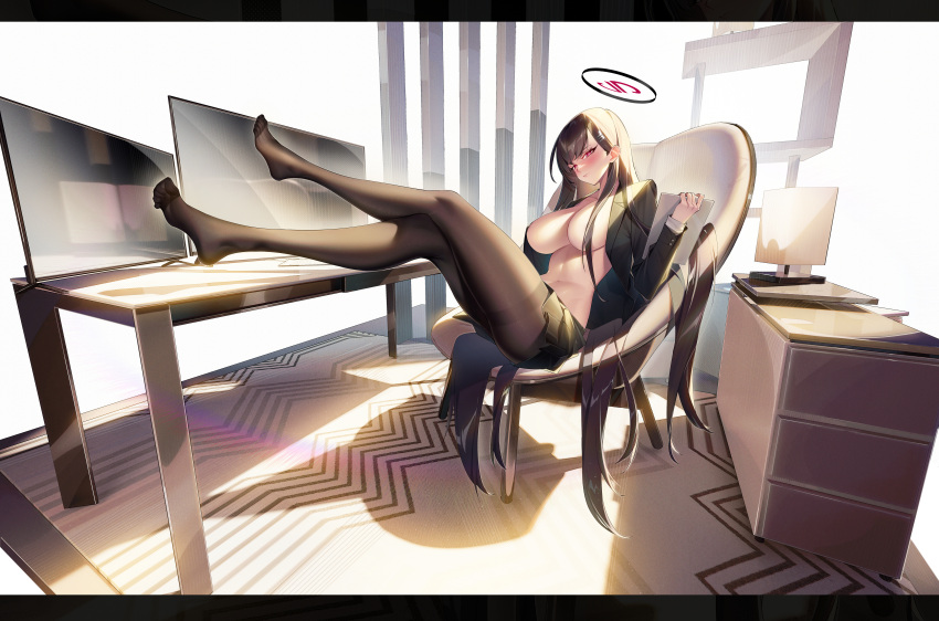 1girl absurdres black_hair black_jacket black_pantyhose black_skirt blue_archive blush book breasts brown_pantyhose business_suit chair cleavage closed_mouth crossed_legs desk desk_lamp feet hair_behind_ear hair_over_breasts halo high_heels highres indoors jacket lamp large_breasts leaning_back legs legs_up long_hair long_sleeves looking_at_viewer miniskirt nipples no_bra no_shirt no_shoes office_chair on_chair open_clothes open_jacket open_shirt pantyhose pleated_skirt red_eyes rio_(blue_archive) shirt shoes sitting skirt smile soles solo straight_hair suit sunlight swivel_chair table thighs toes undressing very_long_hair window yeyoutiangong