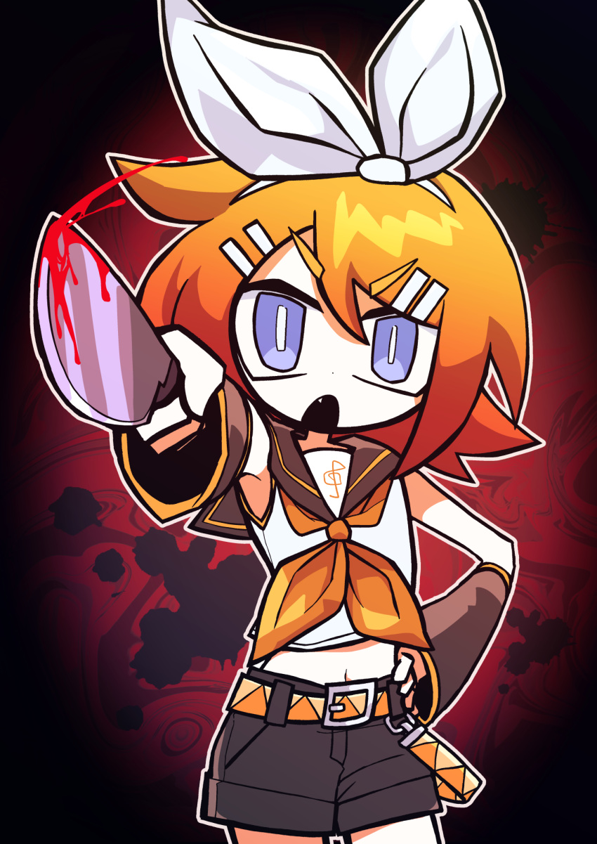 1girl 9chrono0 bare_shoulders belt black_sailor_collar black_shorts black_sleeves blonde_hair blood blood_on_knife blue_eyes bow bright_pupils detached_sleeves dot_nose fang hair_bow hair_ornament hairclip hand_on_own_hip highres holding holding_knife kagamine_rin knife looking_at_viewer navel neckerchief open_mouth outline red_background sailor_collar shirt short_hair shorts solo vignetting vocaloid white_bow white_outline white_pupils white_shirt yellow_belt yellow_neckerchief