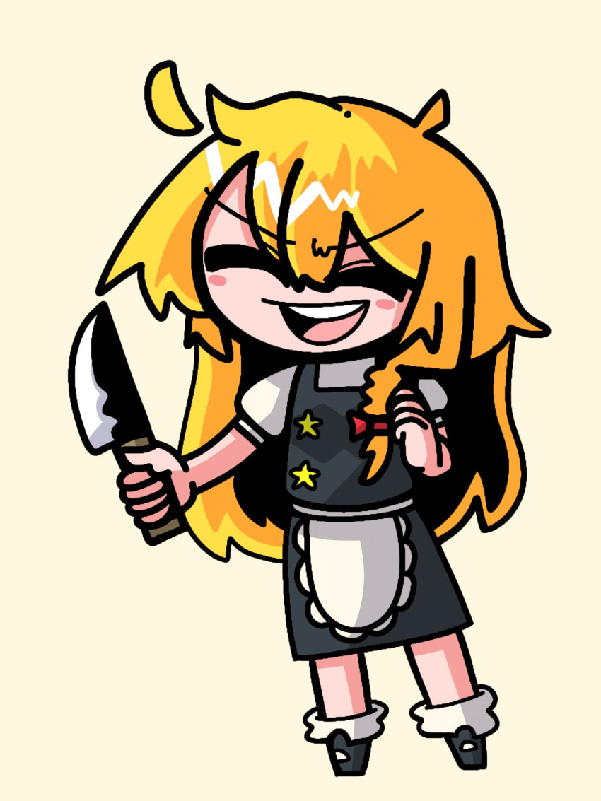 1girl :d ahoge apron black_footwear black_skirt black_vest blonde_hair blush_stickers bow braid closed_eyes commentary_request frilled_apron frills full_body hair_between_eyes hair_bow highres holding holding_knife kirisame_marisa knife long_bangs long_hair mary_janes open_mouth puffy_short_sleeves puffy_sleeves red_bow shirt shoes short_sleeves simple_background single_braid skirt skirt_set smile socks solo standing star_(symbol) sznkrs teeth touhou upper_teeth_only v-shaped_eyebrows vest waist_apron white_apron white_shirt white_socks yellow_background