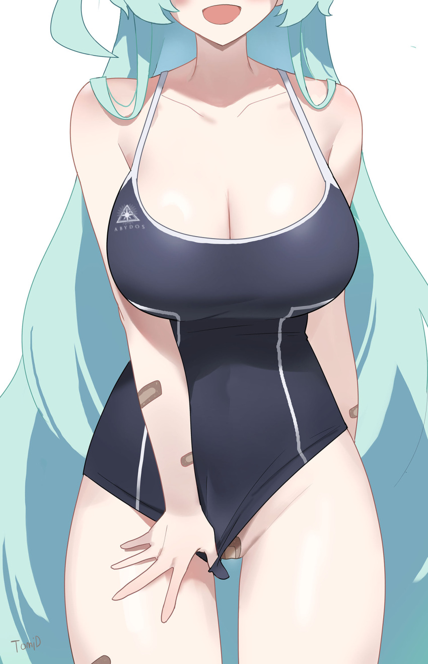 1girl artist_name bandaid bandaid_on_arm bandaid_on_pussy black_one-piece_swimsuit blue_archive blush breasts cleavage clothing_aside collarbone commentary competition_school_swimsuit covered_navel green_hair groin highres large_breasts logo long_hair one-piece_swimsuit school_swimsuit simple_background smile solo swimsuit swimsuit_aside tomid very_long_hair white_background yume_(blue_archive)