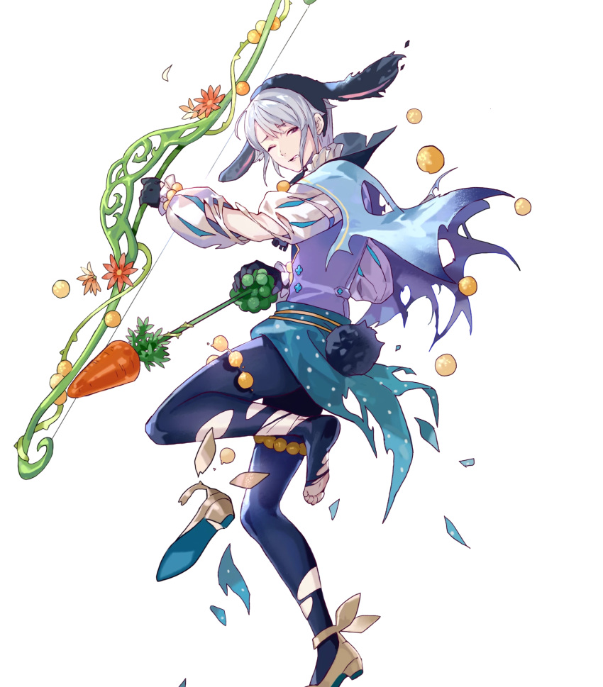 1boy arrow_(projectile) artist_request bangs black_gloves blue_cape blue_legwear blue_vest bow_(weapon) cape fire_emblem fire_emblem_awakening fire_emblem_heroes gloves henry_(fire_emblem) high_heels highres holding holding_arrow holding_bow_(weapon) holding_weapon long_sleeves looking_at_viewer male_focus non-web_source official_art pantyhose parted_lips purple_eyes short_hair silver_hair solo torn_cape torn_clothes torn_legwear transparent_background vest weapon