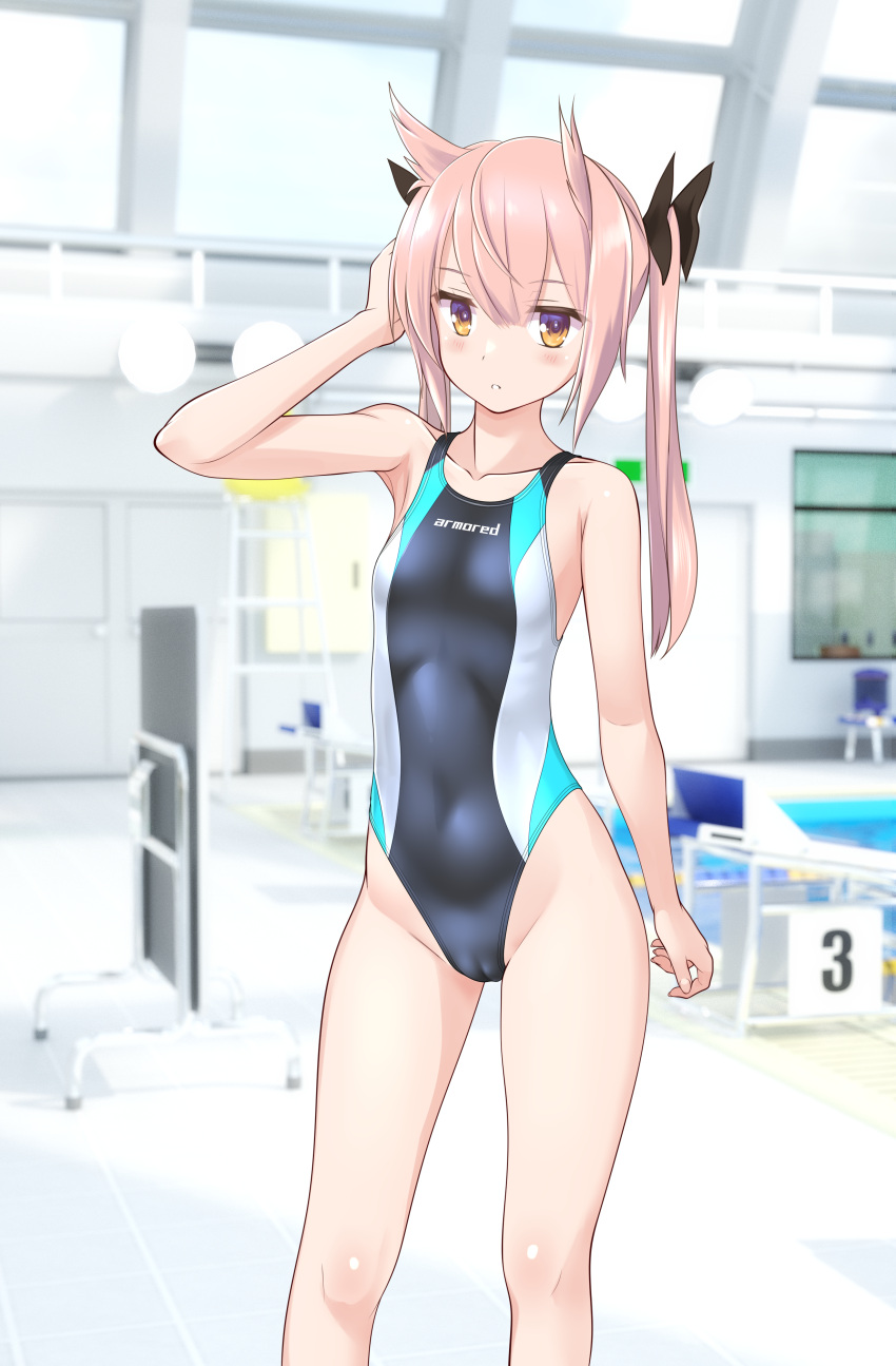 1girl absurdres black_one-piece_swimsuit cameltoe chair cleft_of_venus clothes_writing commentary_request competition_swimsuit contrapposto covered_navel feet_out_of_frame hair_flaps hair_ribbon highleg highleg_swimsuit highres indoors long_hair mashiko_kaoru multicolored_clothes multicolored_swimsuit one-piece_swimsuit orange_eyes pink_hair pool ribbon swimsuit takafumi toji_no_miko twintails