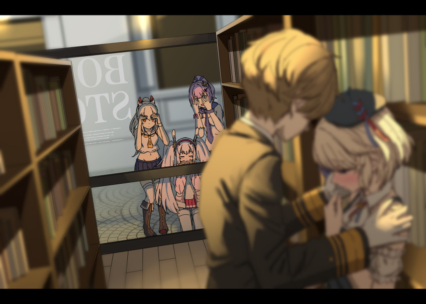 1boy 4girls against_glass animal_ears aoi_tiduru apron ayanami_(azur_lane) azur_lane beret black_apron blue_skirt blurry blurry_foreground book bookshelf camisole closed_eyes covering_own_eyes crop_top gloves hand_on_glass hands_on_another's_shoulders hands_on_own_face hat headgear hetero high_ponytail highres jacket javelin_(azur_lane) kneeling laffey_(azur_lane) light_brown_hair military_uniform multiple_girls official_alternate_costume peeking_through_fingers pink_jacket ponytail purple_hair red_skirt school_uniform serafuku single_glove skirt thighhighs uniform white_camisole white_gloves white_hair white_serafuku white_thighhighs z23_(azur_lane) z23_(the_eyecatch_in_the_rye?)_(azur_lane)