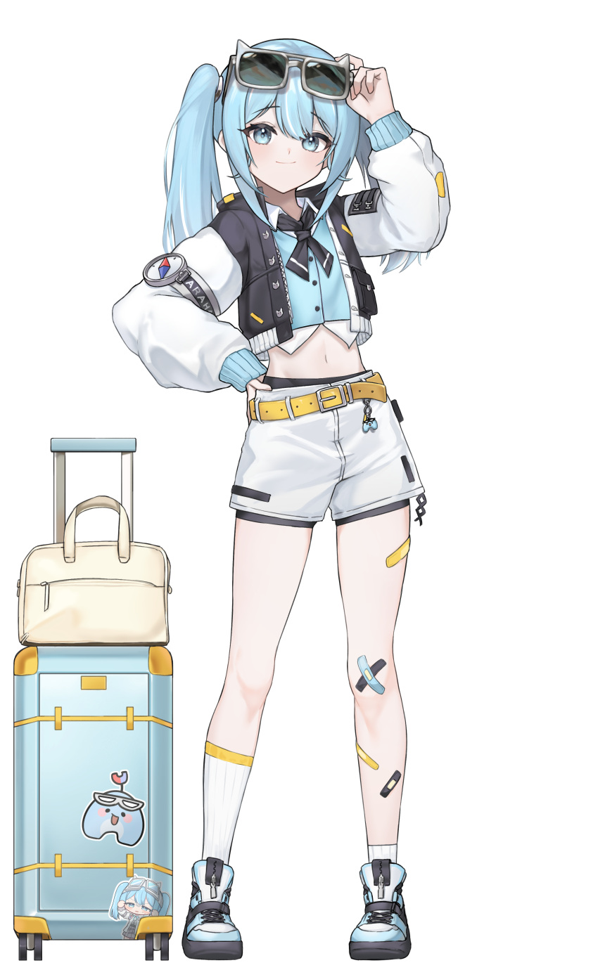 1girl absurdres arahashi_tabi arm_up asymmetrical_legwear bag bandaid bandaid_on_knee bandaid_on_leg black_jacket black_shorts blue_eyes blue_footwear blue_hair blue_vest closed_mouth collared_shirt commentary_request crossed_bandaids eyewear_on_head full_body grey-framed_eyewear hair_between_eyes hand_on_own_hip highres jacket long_hair long_sleeves looking_at_viewer nanana_narang open_clothes open_jacket puffy_long_sleeves puffy_sleeves rolling_suitcase shirt shoes short_shorts shorts simple_background sleeves_past_wrists smile socks solo standing stellive suitcase sunglasses twintails vest virtual_youtuber white_background white_shirt white_shorts white_socks