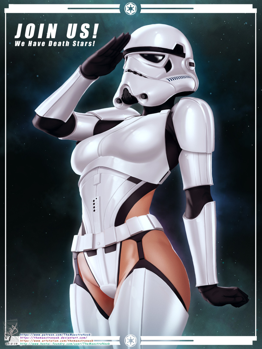 1girl arm_at_side arm_up black_leotard cowboy_shot english_text groin helmet highres leotard salute solo star_wars starry_background stormtrooper themaestronoob thighhighs web_address white_leotard white_thighhighs