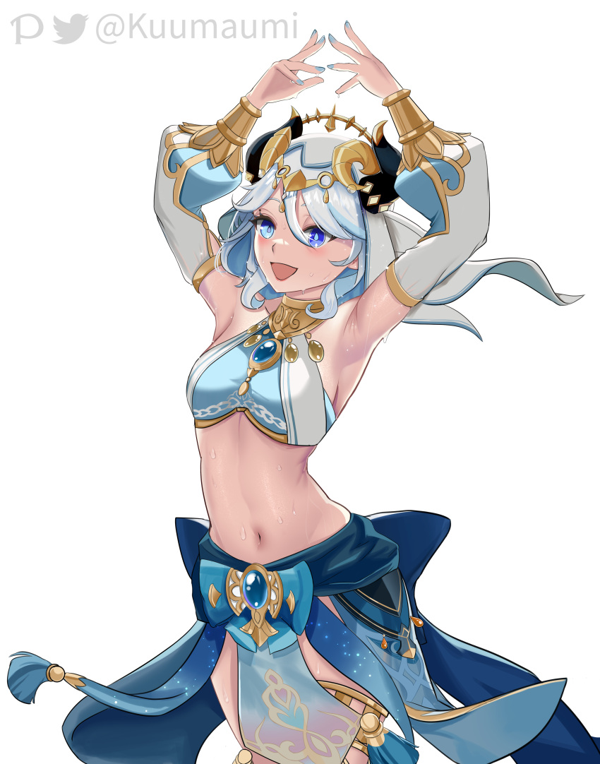 1girl :d absurdres armpits arms_up blue_eyes blue_hair blue_nails blue_skirt blush breasts brooch commentary cosplay cowboy_shot crop_top detached_sleeves fake_horns furina_(genshin_impact) genshin_impact hair_between_eyes highres horns jewelry kuumaumi long_sleeves midriff nail_polish navel neck_ring nilou_(genshin_impact) nilou_(genshin_impact)_(cosplay) open_mouth short_hair simple_background skirt small_breasts smile solo standing stomach thighlet veil white_background