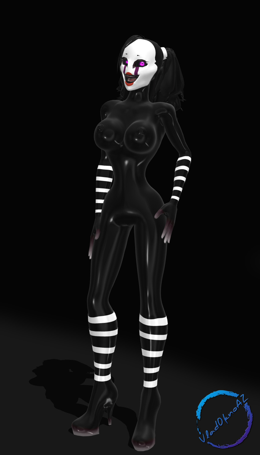 2018 3d_(artwork) absurd_res anthro black_body black_hair breasts clothing curvy_anthro digital_media_(artwork) female five_nights_at_freddy's five_nights_at_freddy's_2 footwear hair hi_res high_heels living_puppet marionette_(fnaf) mask puppet purple_eyes scottgames solo striped_arms striped_legs stripes vladoknoaz113 white_stripes