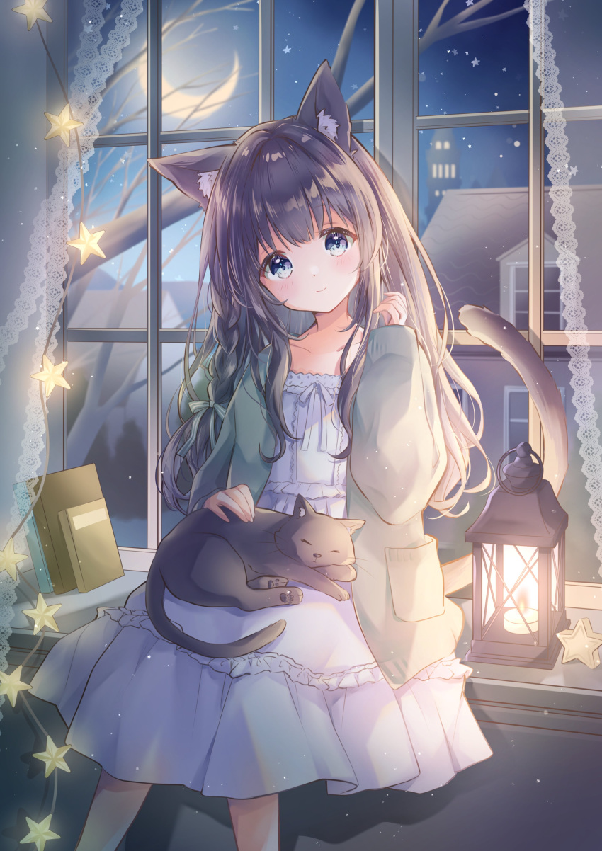 1girl absurdres animal_ear_fluff animal_ears animal_on_lap black_cat black_hair black_tail blue_eyes blush book braid candle cat cat_ears cat_girl cat_on_lap cat_tail collarbone commission crescent_moon curtains dress frilled_dress frills green_jacket hair_ribbon hand_up highres hoshiibara_mato jacket lantern long_hair looking_at_viewer moon night night_sky on_lap original ribbon sidelocks single_braid sitting skeb_commission sky smile solo star_(sky) star_(symbol) starry_sky tail transparent_curtains white_dress window windowsill