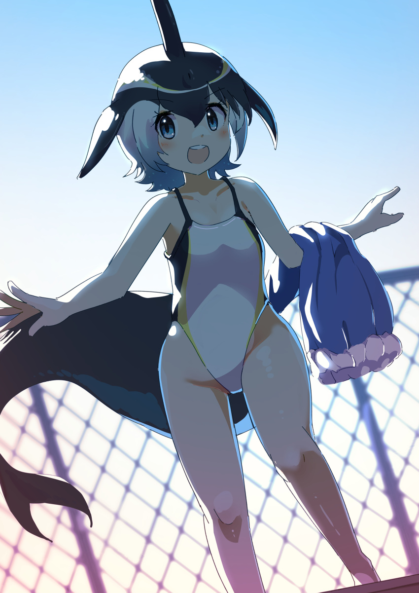 1girl absurdres backlighting bare_shoulders black_hair blonde_hair blowhole blue_eyes blue_hair blush cetacean_tail chain-link_fence common_dolphin_(kemono_friends) day dolphin_girl dorsal_fin dutch_angle feet_out_of_frame fence head_fins highleg highleg_swimsuit highres iwa_(iwafish) kemono_friends legs_apart medium_hair multicolored_hair one-piece_swimsuit open_mouth outdoors smile solo standing swimsuit white_hair