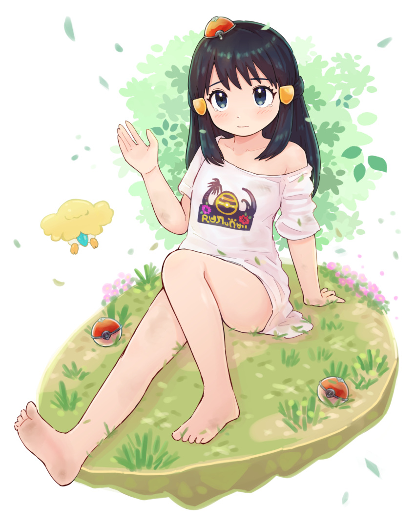 1girl akari_(pokemon) arm_support bangs barefoot black_hair blush closed_mouth collarbone commentary_request dirty dirty_feet eyelashes grass grey_eyes hand_up highres kutabireta_neko long_hair poke_ball poke_ball_(legends) pokemon pokemon_(creature) pokemon_(game) pokemon_legends:_arceus print_shirt rowlet shirt short_sleeves sidelocks sitting soles t-shirt tearing_up toes white_shirt