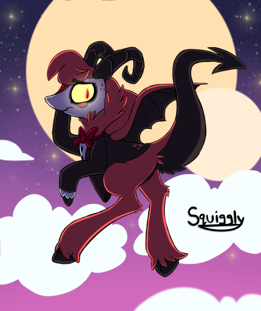 absurd_res bovid_horn bow_tie caprine_horn cloud demon fur furry hazbin_hotel hi_res hooves horn moon ram_horn razzle_(hazbin_hotel) red_body red_fur rim_light sky squigglydraws star tail unknown_species