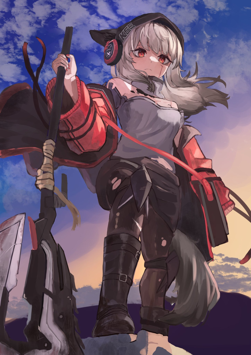 1girl animal_ears arknights axe bad_perspective beanie black_headwear black_skirt blood blood_on_face blue_sky brown_pantyhose commentary_request cuts fox_ears fox_girl fox_tail from_below frostnova_(arknights) frown gradient_sky grey_hair grey_shirt hat highres holding holding_axe injury jacket long_hair looking_at_viewer looking_down oripathy_lesion_(arknights) pantyhose red_eyes red_jacket shirt sketch skirt sky solo suzubotan tail