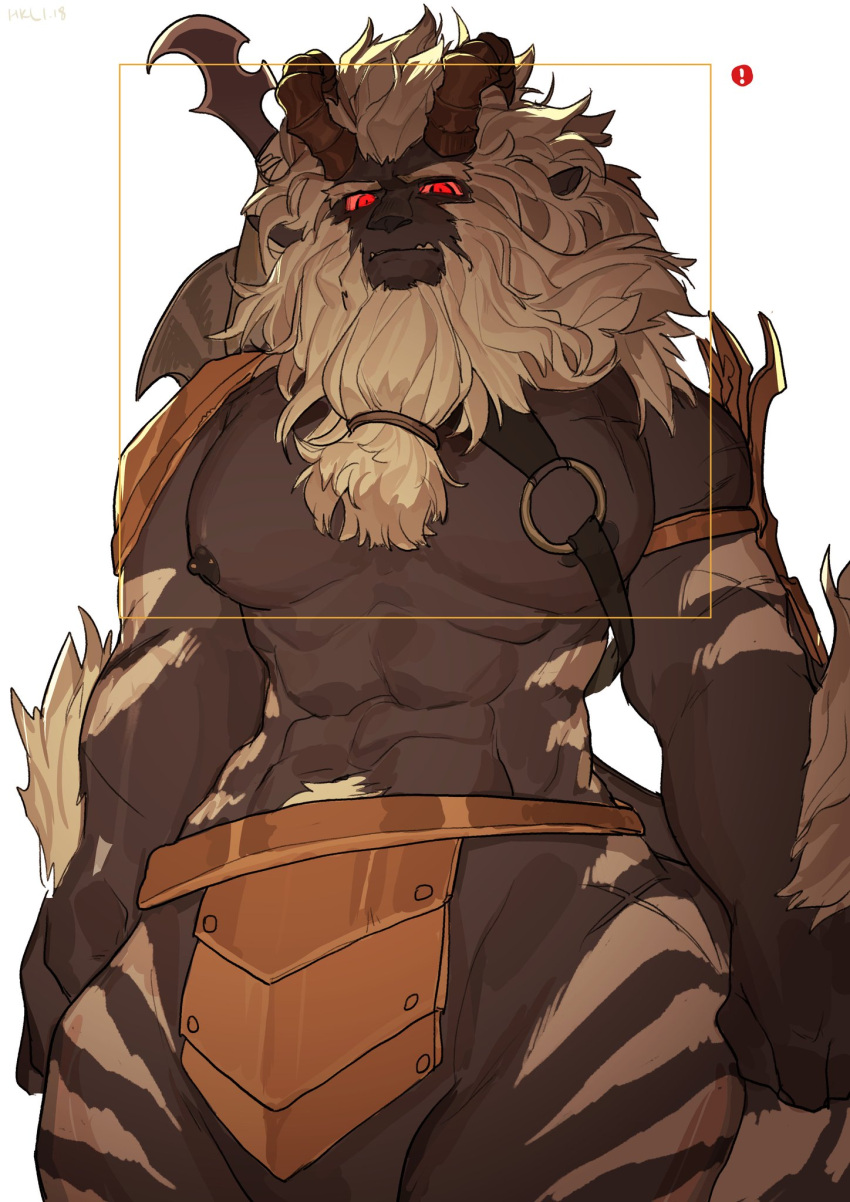 ! 1boy abs animal_ears bara beard centauroid chinese_commentary commentary_request facial_hair fangs fangs_out furry furry_male highres horns looking_at_viewer lynel male_focus milkybot muscular muscular_male nipple_piercing pectorals piercing red_eyes taur the_legend_of_zelda the_legend_of_zelda:_breath_of_the_wild viewfinder white_background