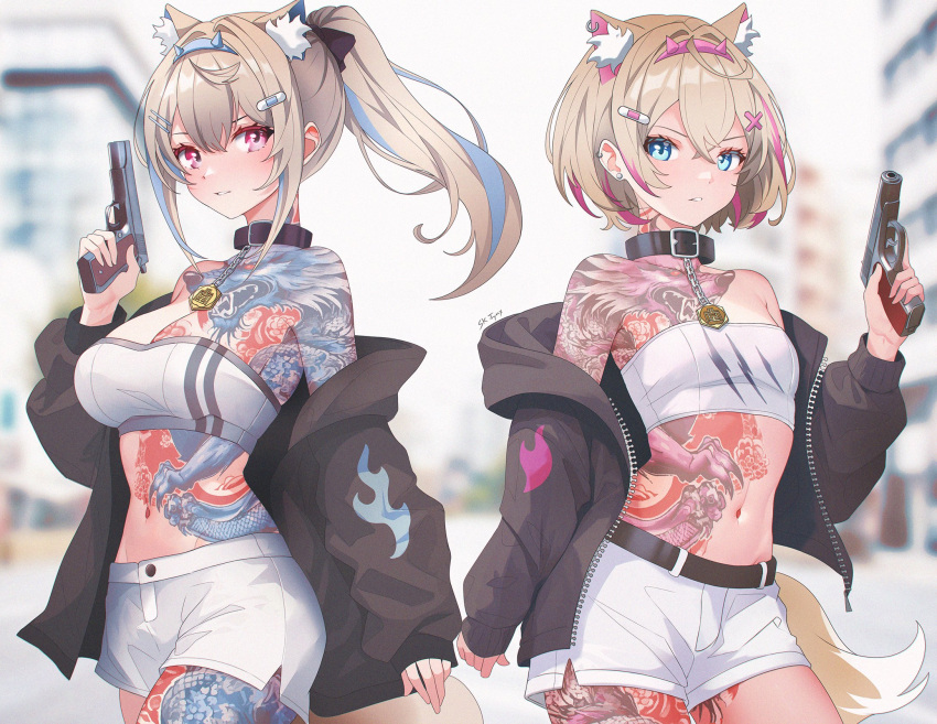 2girls animal_ear_fluff animal_ears belt_collar black_jacket blue_eyes breasts brown_hair cleavage closed_mouth collar day dog_ears dog_girl fuwawa_abyssgard gun handgun highres holding holding_gun holding_weapon hololive hololive_english jacket large_breasts looking_at_viewer mococo_abyssgard multicolored_hair multiple_girls navel open_clothes open_jacket outdoors pink_eyes pink_hair shorts shoulder_tattoo siblings sisters sk_jynx small_breasts standing strapless streaked_hair tattoo tube_top twins virtual_youtuber weapon white_shorts white_tube_top zipper