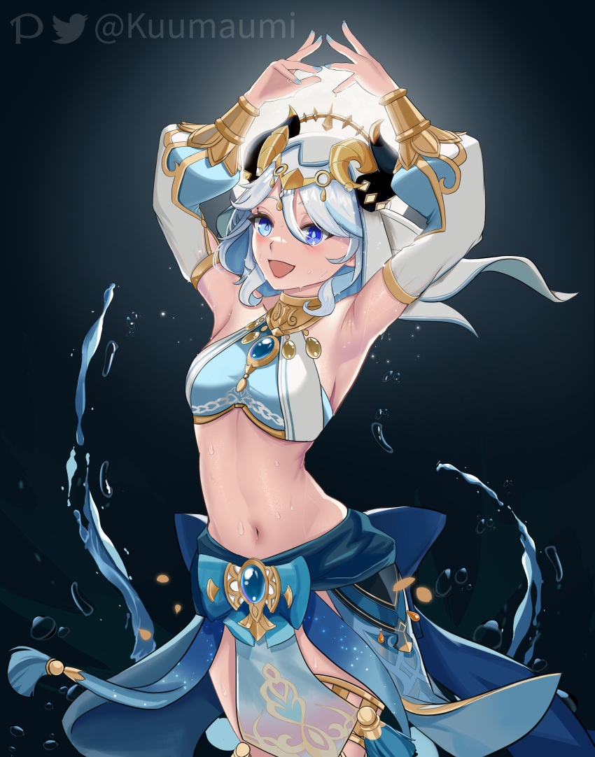 1girl :d absurdres armpits arms_up black_background blue_eyes blue_hair blue_nails blue_skirt blush breasts brooch commentary cosplay cowboy_shot crop_top detached_sleeves fake_horns furina_(genshin_impact) genshin_impact hair_between_eyes highres horns jewelry kuumaumi long_sleeves midriff nail_polish navel neck_ring nilou_(genshin_impact) nilou_(genshin_impact)_(cosplay) open_mouth short_hair skirt small_breasts smile solo standing stomach thighlet veil