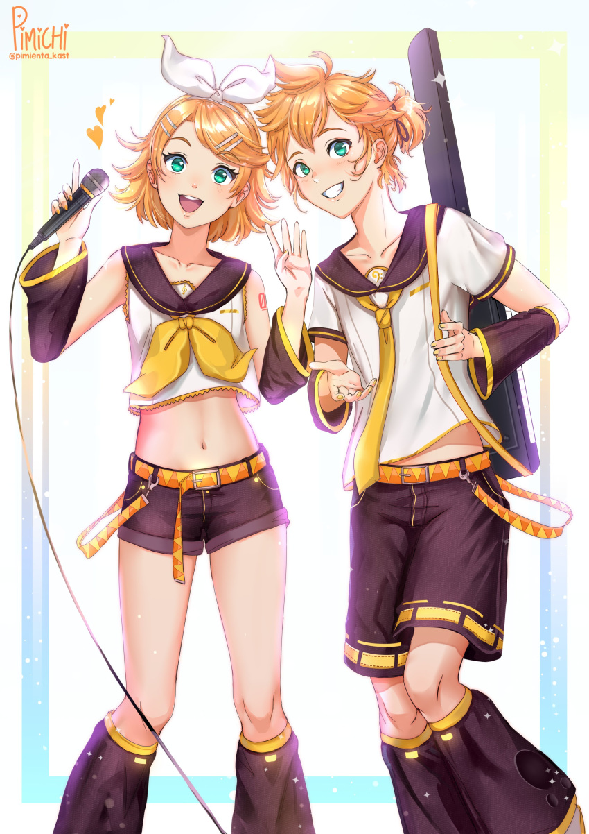 1boy 1girl absurdres ahoge anniversary artist_name bare_shoulders bass_clef belt blonde_hair bow collarbone crop_top detached_sleeves ears flat_chest green_eyes grin hair_bow hair_ornament hairclip heart highres holding holding_microphone instrument instrument_case instrument_on_back kagamine_len kagamine_rin keytar leg_warmers looking_at_viewer microphone midriff navel neckerchief necktie number_tattoo open_mouth pimienta_kast sailor_collar short_hair short_ponytail shorts shoulder_tattoo smile sparkle tattoo treble_clef twitter_username vocaloid yellow_nails yellow_neckerchief yellow_necktie