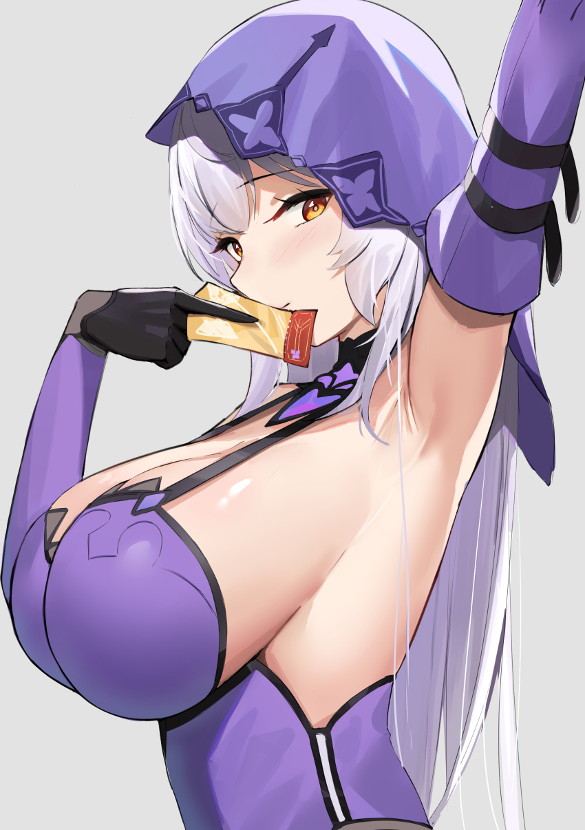 1girl absurdres arm_up armpits black_gloves black_swan_(honkai:_star_rail) breasts cleavage commentary dress elbow_gloves gloves grey_background grey_hair highres honkai:_star_rail honkai_(series) large_breasts long_hair looking_at_viewer orange_eyes purple_dress simple_background skai_kun sleeveless sleeveless_dress solo star_rail_special_pass_(honkai:_star_rail) upper_body veil very_long_hair