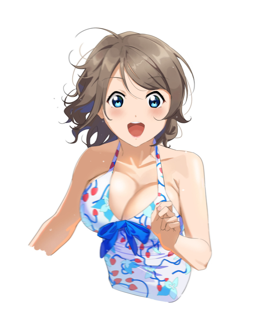 0364p 1girl absurdres blue_eyes bow breasts cleavage highres looking_at_viewer love_live! love_live!_sunshine!! one-piece_swimsuit short_hair simple_background smile solo swimsuit watanabe_you wavy_hair