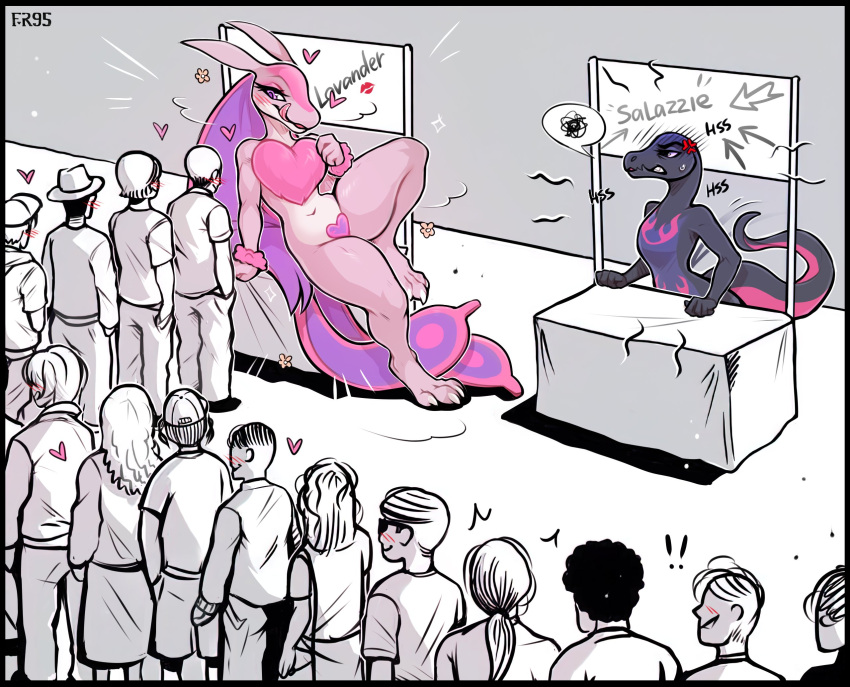 ! !! 2girls 6+boys angry blush character_name come_hither f-r95 furry furry_(fandom) furry_female grin heart heart_maebari highres jealous leaning_back licking_lips lovander maebari multiple_boys multiple_girls naughty_face navel pal_(creature) palworld pokemon pokemon_(creature) queue salazzle seductive_smile sitting smile spoken_squiggle squiggle tongue tongue_out