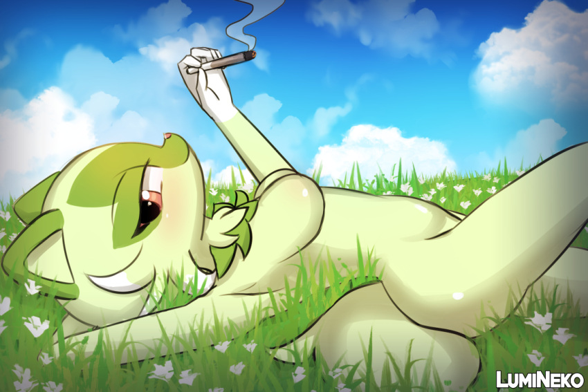 anthro breasts cigarette featureless_breasts felid feline female flower fur grass green_body green_fur looking_at_viewer lumineko lying mammal narrowed_eyes nintendo on_back plant pok&eacute;mon pok&eacute;mon_(species) solo sprigatito video_games