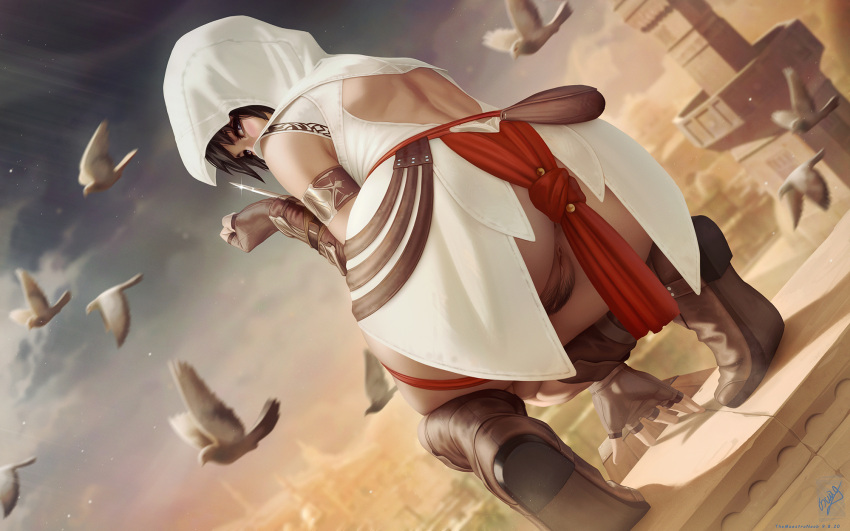 1girl anus arm_blade armlet ass assassin's_creed_(series) back backless_outfit bird black_hair blurry blurry_background boots cityscape commentary concealed_weapon dated dove dutch_angle english_commentary female_pubic_hair fingerless_gloves from_behind full_body genderswap genderswap_(mtf) gloves hidden_blade_(assassin's_creed) highres hood hood_up knee_boots leather leather_boots leather_gloves leg_ribbon looking_at_viewer looking_back minaret no_bra paid_reward_available pubic_hair purple_eyes pussy ribbon signature skindentation sky solo squatting star_(sky) starry_sky themaestronoob thigh_ribbon thighs tiptoes turning_head underwear variant_set watermark weapon white_hood