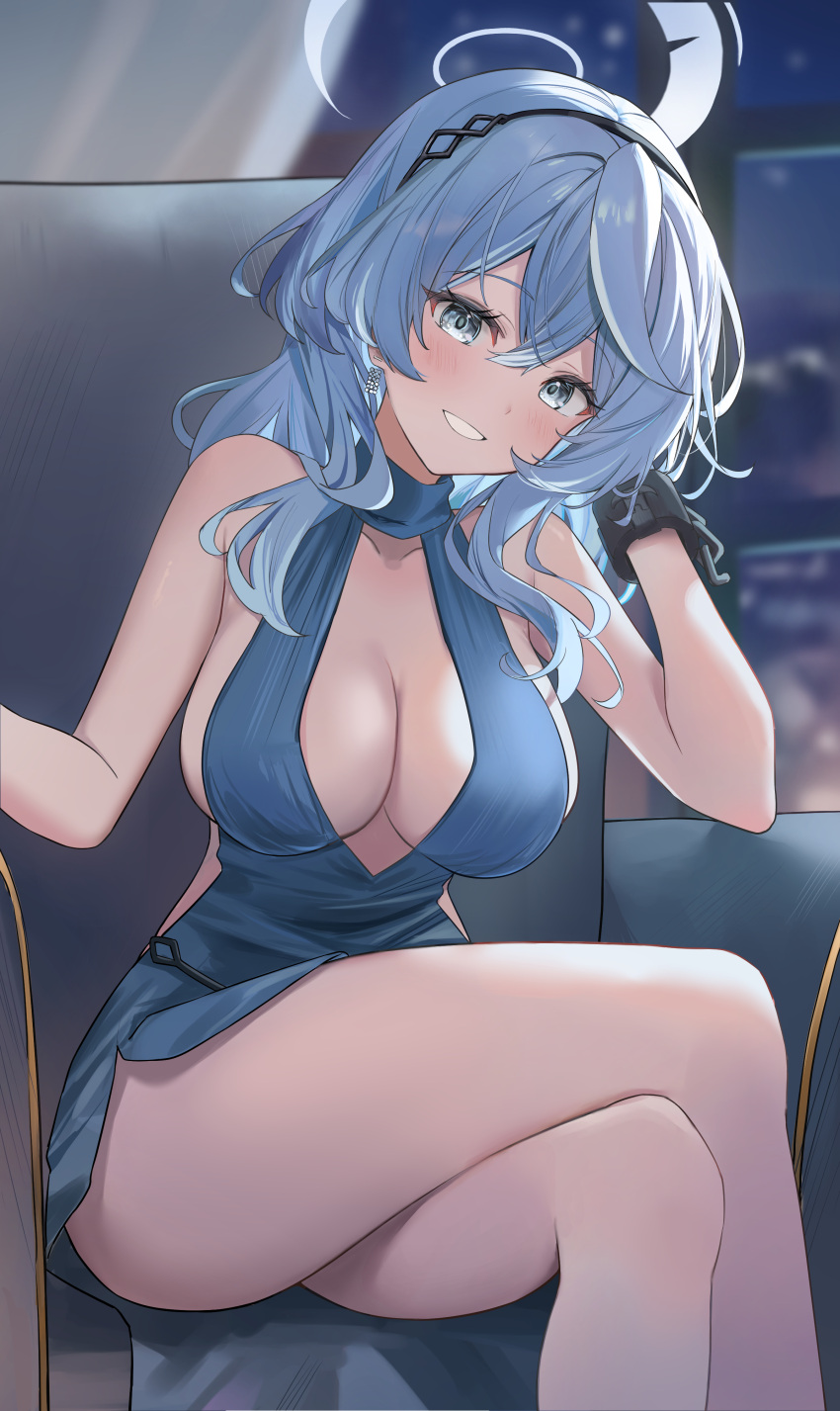 1girl absurdres ako_(blue_archive) ako_(dress)_(blue_archive) bare_shoulders blue_archive blue_dress blue_eyes blue_hair blue_halo blush breasts cleavage crossed_legs cuffs curvy dress elbow_rest grin halo halter_dress halterneck highres large_breasts leaning_forward long_hair looking_at_viewer plunging_neckline shackles sitting sleeveless sleeveless_dress smile solo sora01o wide_hips