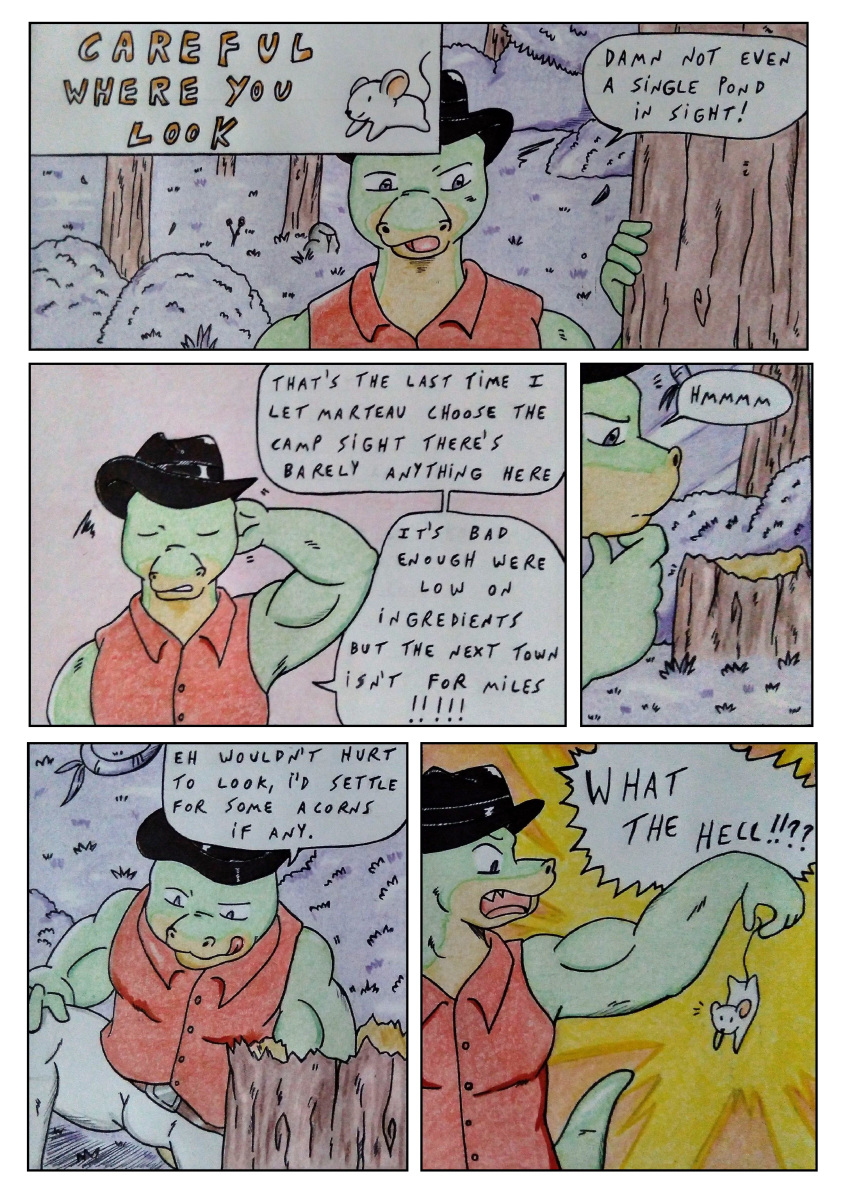 2022 absurd_res anthro biceps black_clothing black_hat black_headwear bulge clothing comic comic_panel dashthefox detailed_background dialogue eyes_closed forest forest_background green_body hand_behind_head hat headgear headwear hi_res humor lizard lizard_tail male mammal manly murid murine muscular muscular_anthro muscular_male nature nature_background night nikel plant purple_eyes rat red_clothing reptile rodent scalie speech_bubble surprise surprised_expression surprised_face talking_to_self traditional_media_(artwork) tree tree_stump