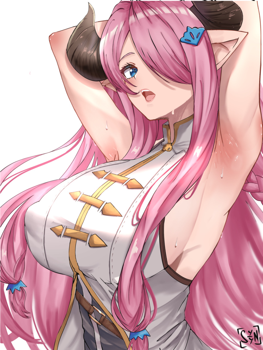 1girl armpits arms_behind_head arms_up artist_name blue_eyes breasts brown_horns commentary curled_horns draph granblue_fantasy hair_ornament hair_over_one_eye highres horns large_breasts long_hair looking_at_viewer mixed-language_commentary narmaya_(granblue_fantasy) pink_hair presenting_armpit shirt solo sweat syyn_(syyndev) upper_body watermark white_shirt