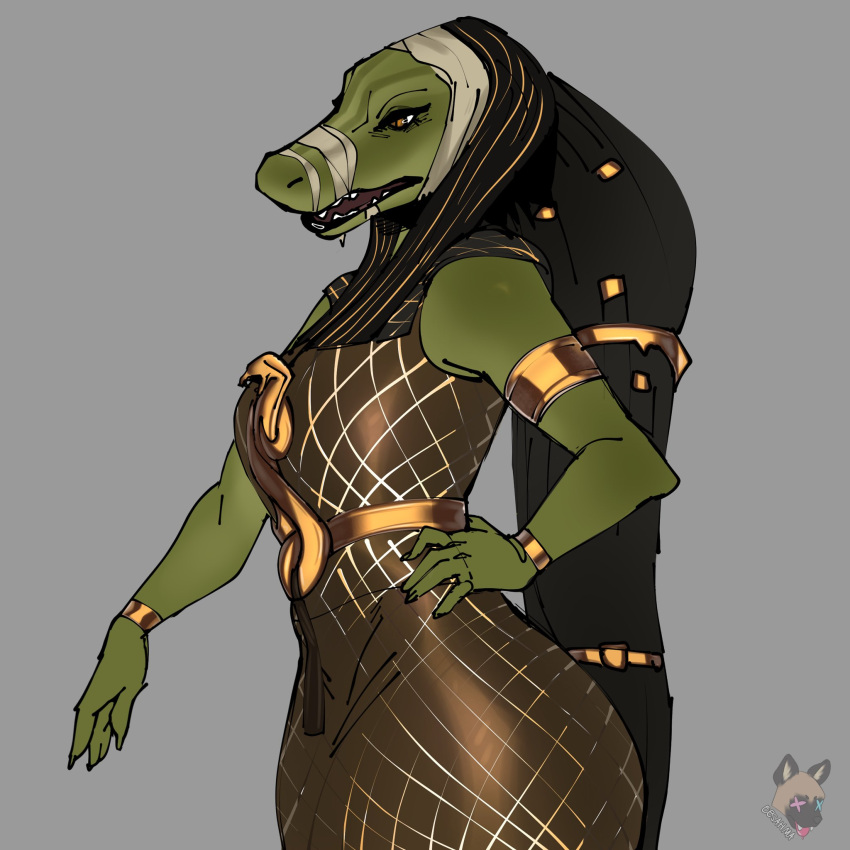 1:1 2022 5_fingers alternate_version_at_source amber_eyes ammit ammit_(moon_knight) anthro armlet artist_logo bandage bent_arm big_hair biped black_eyebrows black_eyelashes black_hair bracelet brown_clothing brown_dress clothed clothed_anthro clothed_female clothing crocodile crocodilian crocodylid curvy_figure deity digital_drawing_(artwork) digital_media_(artwork) dress egyptian_headdress egyptian_mythology esahma extended_arm eyebrows eyelashes female fingers gold_(metal) gold_armlet gold_bracelet gold_jewelry green_body green_scales grey_background hair hand_on_hip hand_on_own_hip hi_res humanoid_hands iris jewelry logo long_hair looking_aside marvel marvel_cinematic_universe middle_eastern_mythology monotone_background moon_knight_(series) mythology nemes_(clothing) open_mouth pattern_clothing pattern_dress portrait pose pupils reptile scales scalie side_view simple_background slit_pupils snout solo standing teeth three-quarter_portrait uraeus