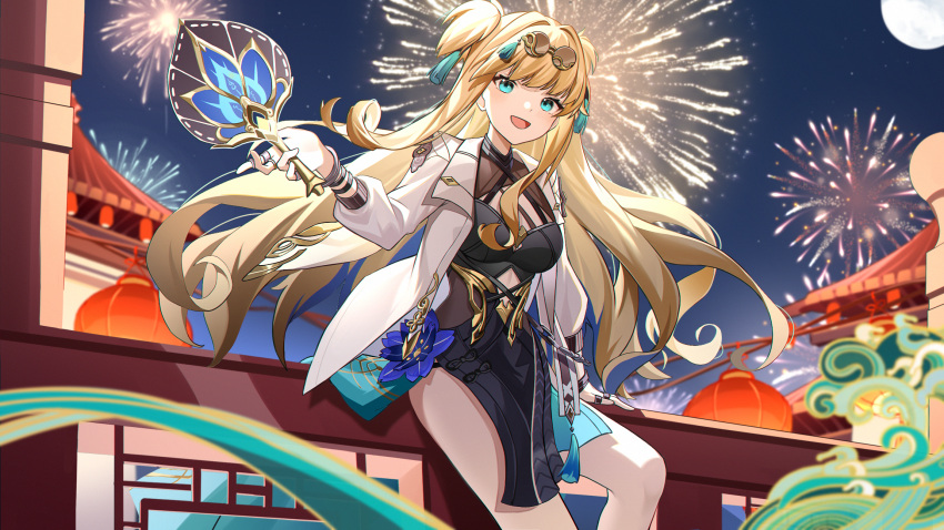 1girl aqua_eyes architecture arm_support bare_legs blonde_hair chinese_new_year chinese_zodiac clothing_cutout east_asian_architecture eyewear_on_head fence fireworks hand_fan highres holding holding_fan honkai_(series) honkai_impact_3rd jacket jewelry long_hair looking_at_viewer miyu10366 night open open_clothes open_jacket ring second-party_source solo songque_(honkai_impact) white_sleeves year_of_the_dragon