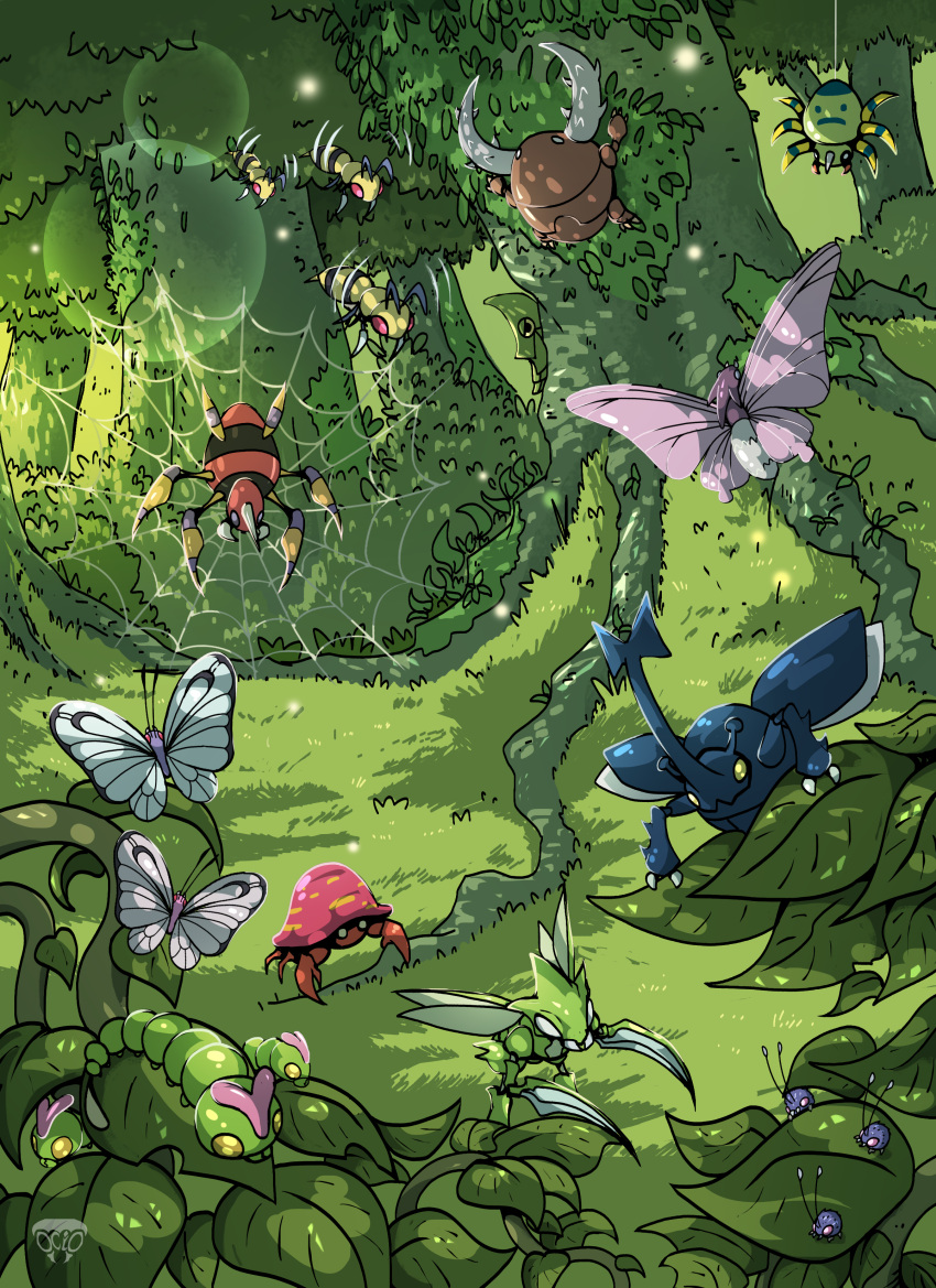 absurd_res ambiguous_gender antennae_(anatomy) arachnid arthropod beedrill brown_body butterfree caterpie feral generation_1_pokemon generation_2_pokemon green_body group heracross hi_res hymenopteran insect insect_wings lepidopteran lepidopteran_wings nintendo ocioilustracion parasect pinsir plant pokemon pokemon_(species) scyther spider_web spinarak tree venomoth venonat wings yellow_body