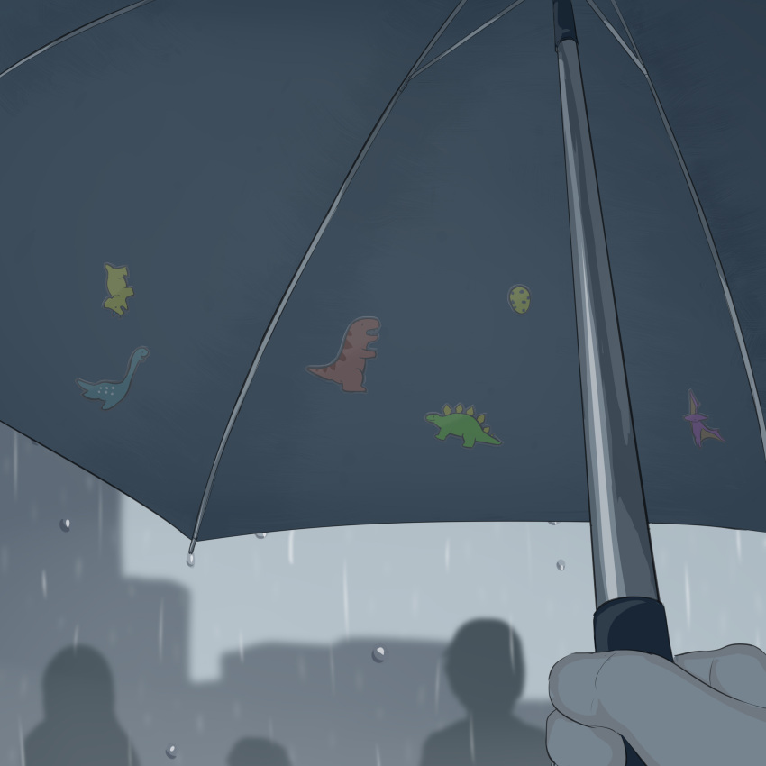 1boy absurdres avogado6 blurry blurry_background commentary_request day highres holding holding_umbrella original outdoors overcast plesiosaur pov pov_hands pterosaur rain silhouette sky skyline stegosaurus sticker triceratops tyrannosaurus_rex umbrella