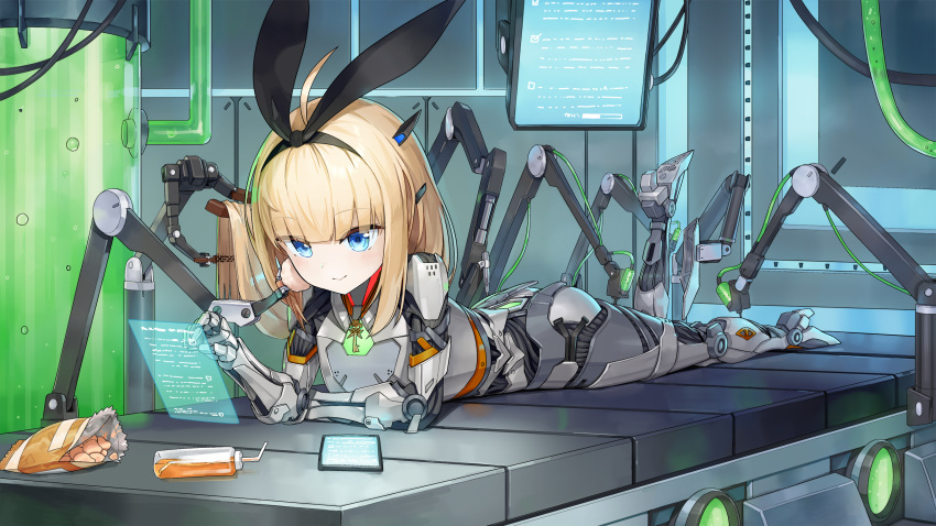 1girl ahoge android blonde_hair blue_eyes borrowed_character chips_(food) commission food hair_ribbon hairband highres holographic_touchscreen joints laboratory lying maintenance monitor mytea_(soso) on_stomach original ribbon robot_joints skeb_commission smile solo tube