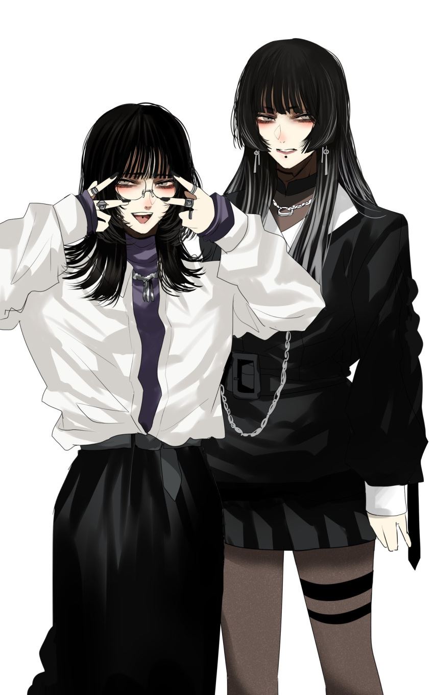 2girls aegyo_sal belt black_hair black_nails black_pants black_pantyhose black_skirt black_sweater blunt_bangs cellphone chain chin_piercing commentary_request earrings glasses grey_belt grey_eyes grey_hair highres hoshi_san_3 jacket jewelry long_hair long_sleeves looking_at_viewer medium_hair multicolored_hair multiple_girls multiple_rings nail_polish necklace open_clothes open_jacket open_mouth original pants pantyhose phone piercing purple_sweater ring simple_background skirt sleeves_past_wrists smartphone streaked_hair sweater teeth tongue_piercing upper_teeth_only v_over_eye white_background white_jacket wolf_cut