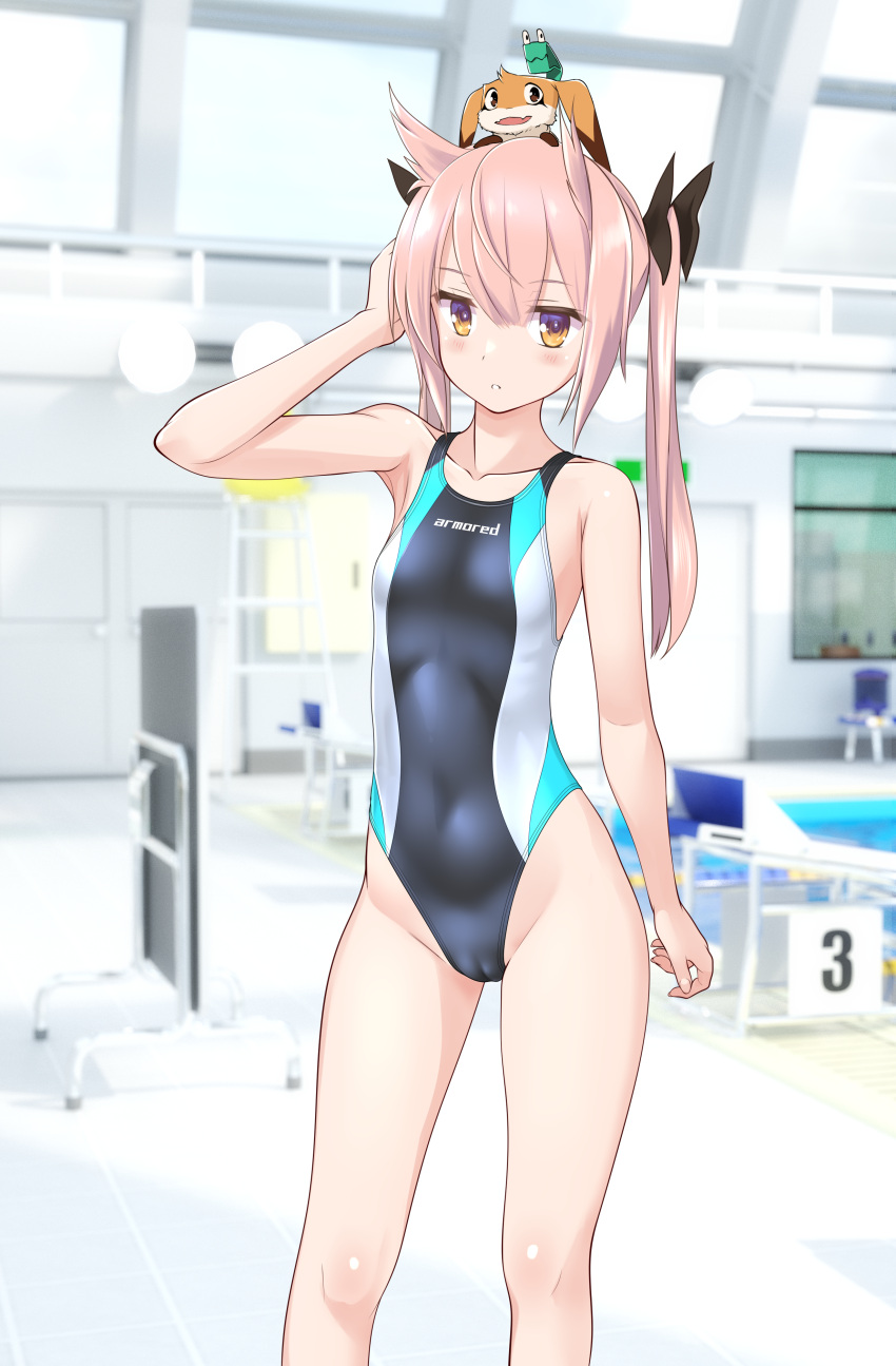 1girl absurdres black_one-piece_swimsuit cameltoe chair cleft_of_venus clothes_writing commentary_request competition_swimsuit contrapposto covered_navel creature_on_head feet_out_of_frame hair_flaps hair_ribbon highleg highleg_swimsuit highres indoors long_hair mashiko_kaoru multicolored_clothes multicolored_swimsuit nene_(toji_no_miko) one-piece_swimsuit orange_eyes pink_hair pool ribbon swimsuit takafumi toji_no_miko twintails