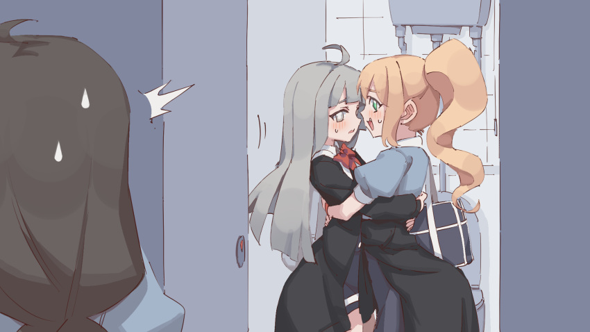 3girls ^^^ ahoge backpack bag bathroom black_jacket blonde_hair blue_shirt blue_skirt blunt_bangs blush brown_hair buttons caught clothes_around_waist collared_shirt commentary_request cowboy_shot dianthe_(rune_(dualhart)) door embarrassed english_commentary facing_another facing_away fang from_behind from_side green_eyes grey_eyes grey_hair high-waist_skirt highres hime_cut hug indoors jacket jacket_around_waist long_hair looking_at_another low-tied_long_hair miniskirt mixed-language_commentary motion_lines multiple_girls nervous_smile open_clothes open_jacket open_mouth original partial_commentary ponytail puffy_short_sleeves puffy_sleeves raised_eyebrows rune_(dualhart) shirt short_sleeves shoulder_bag sidelocks sideways_mouth skirt smile standing surprised sweat sweatdrop tile_wall tiles toilet toilet_stall upper_body victoria_(rune_(dualhart)) yuri zofia_(rune_(dualhart))