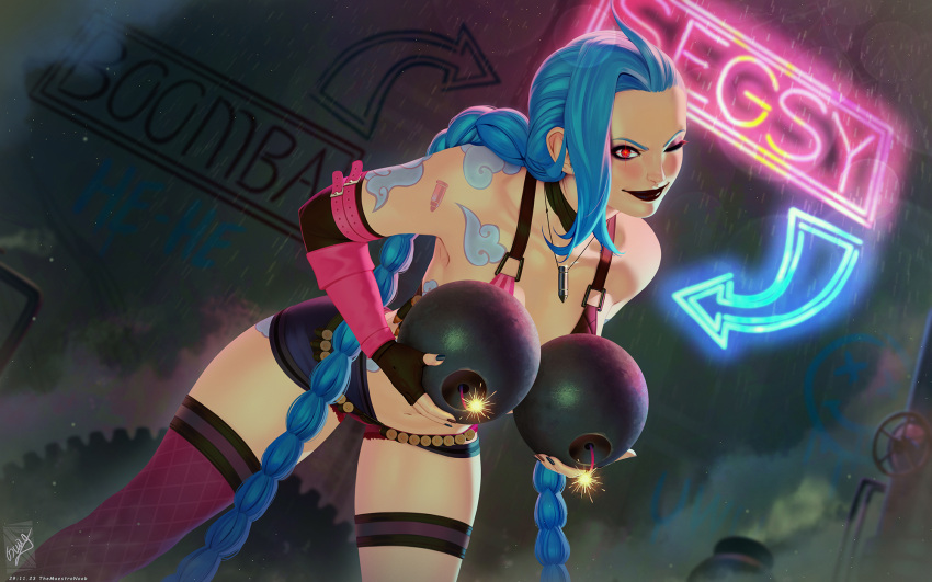 1girl arm_tattoo arrow_(symbol) bare_shoulders bent_over black_lips black_shorts bomb braid bullet cloud_tattoo collarbone explosive feet_out_of_frame glowing glowing_eye green_hair highres holding holding_bomb jinx_(league_of_legends) league_of_legends navel one_eye_closed outdoors pink_thighhighs rain red_eyes shorts shoulder_tattoo single_thighhigh smile solo stomach tattoo themaestronoob thighhighs twin_braids twintails